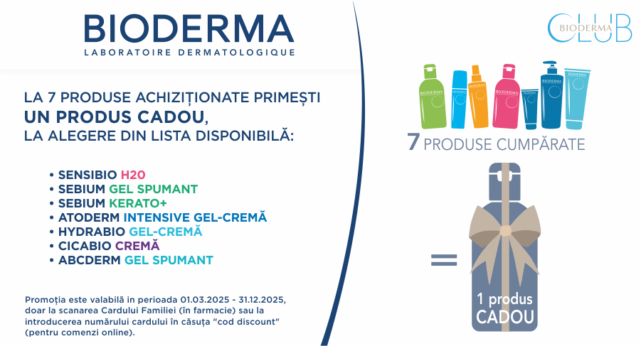 BIODERMA CLUB: la 7 produse cumpărate primești un produs cadou