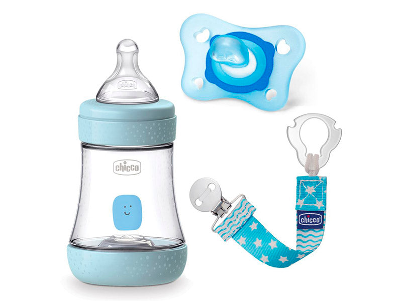 Chicco SET BOY PERFECT 5, 1 Biberon Perfect 5 150ml, 1 suzeta physiosoft 0-2m, 1clipsa pentru suzeta fashion