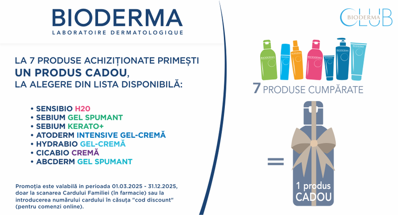 BIODERMA CLUB: la 7 produse cumpărate primești un produs cadou