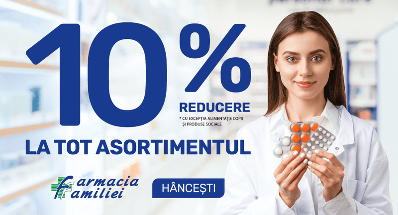La procurarea oricăror produse în filialele Farmacia Familiei din HÂNCEȘTI - 10% reducere.