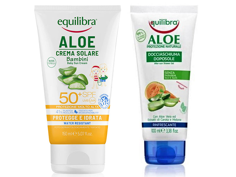 Equilibra Aloe Crema protectie solara pentru copii SPF50+ 150ml + Gel dus revigorant dupa expunere la soare 100ml cadou