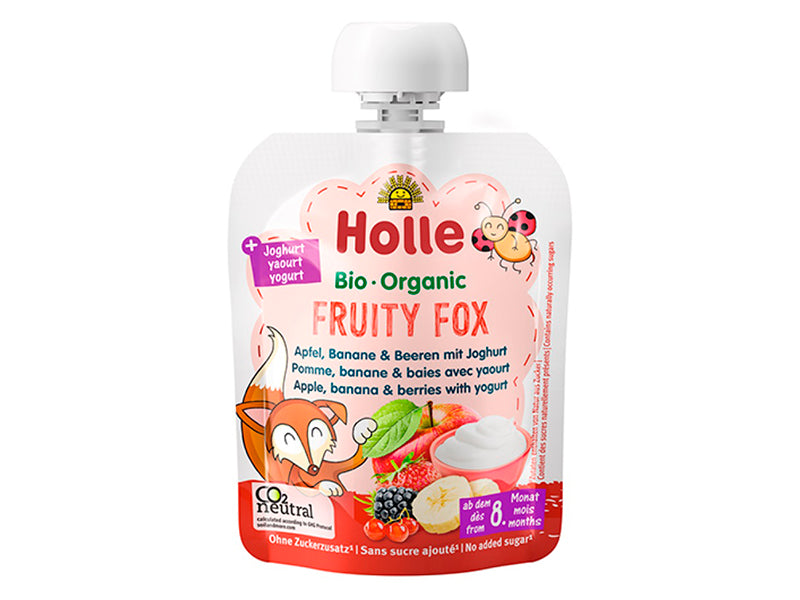 Holle Bio Organic pireu cu iaurt Fruity Fox de mere, banane, fructe de padure (8 luni+) 85g