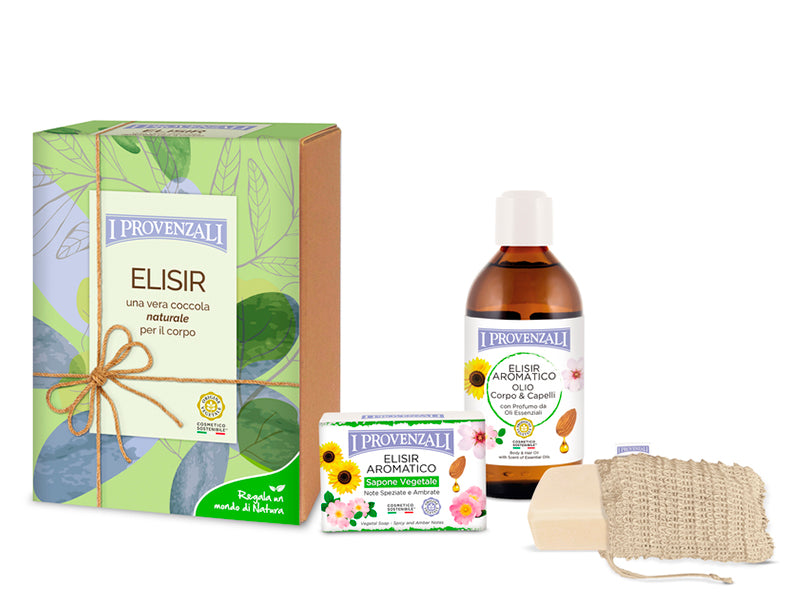 I Provenzali Set Elisir Ulei p/u corp si par 200ml + Sapun 100g + Manusa de exfoliere