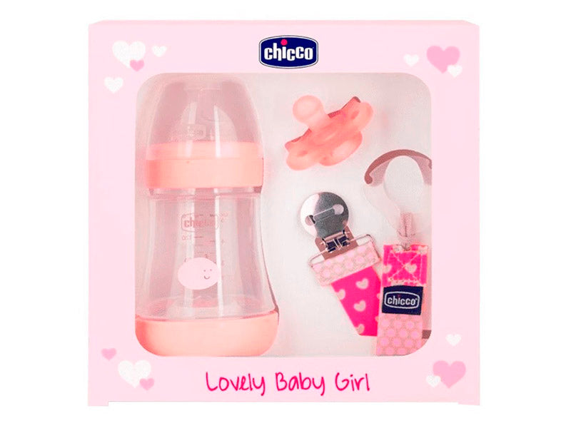 Chicco SET GIRL PERFECT 5, 1 Biberon Perfect 5 150ml, 1suzeta physiosoft 0-2m, 1clipsa pentru suzeta fashion