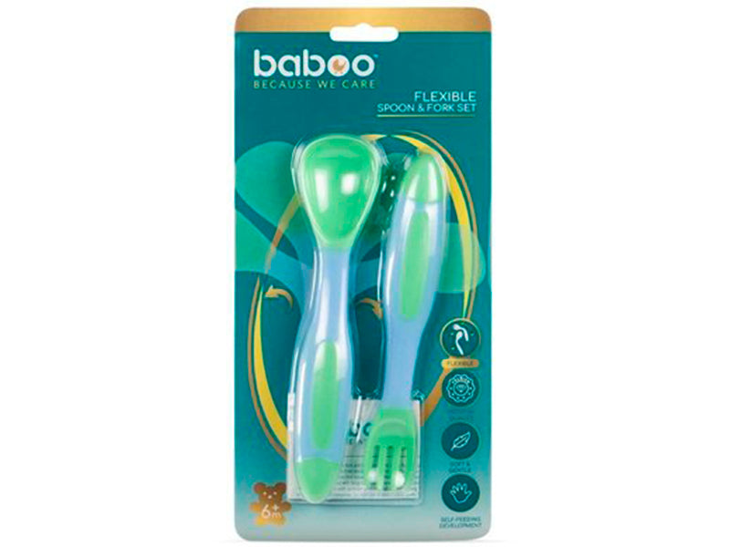 Baboo set flexibil lingura + furculita verde 6M+  10-038