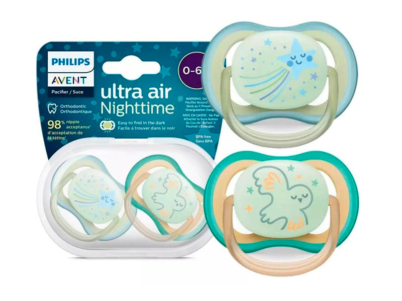 Philips Avent Ultra Air Night Suzete din silicon 0-6m 2 buc verde-bleu fosforescenta SCF376/18 New