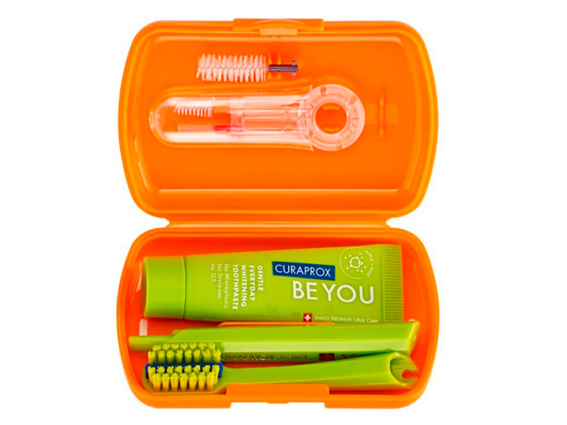 CURAPROX Set Travel Ortho orange, travel toothbrush, interdental brush, toothpaste