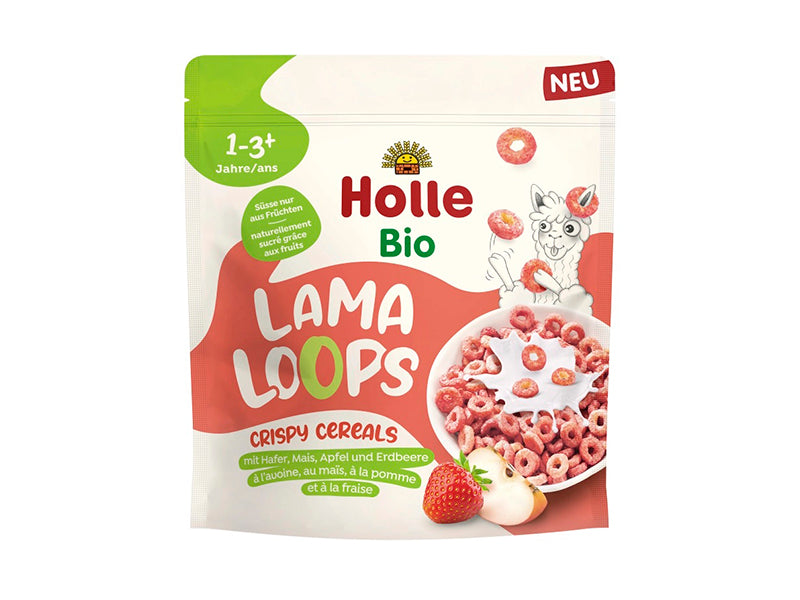 Holle Bio Organic cereale crocante Lama Loops cu mere, capsuni 12 luni+