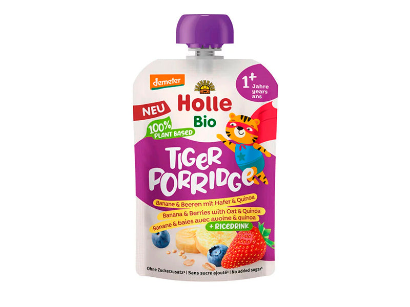 Holle Bio Organic piure cu fulgi Tiger Porridge de banane, fructe de padure, ovaz, quinoa