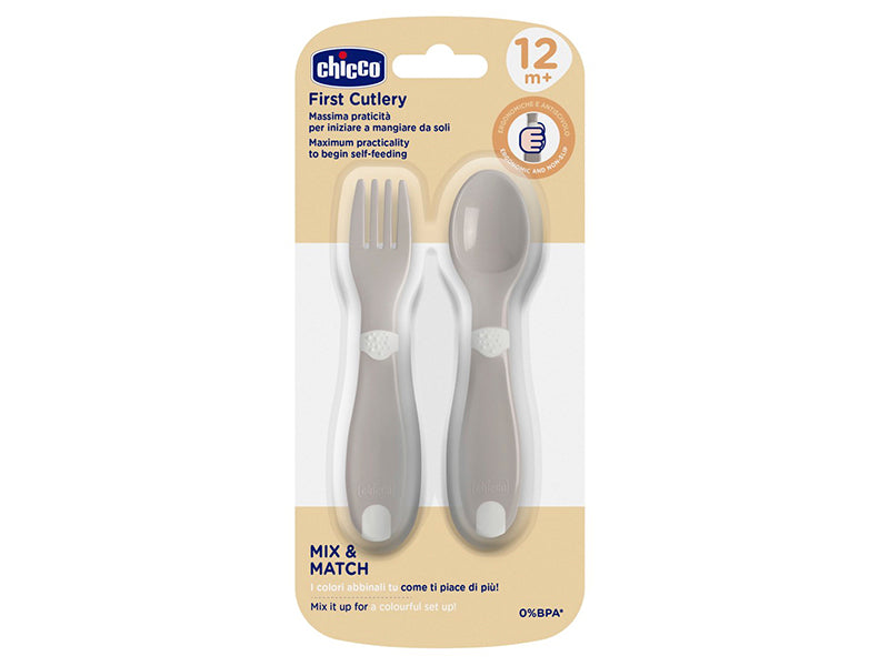 Chicco Set lingurita si furculita plastic Grey 12 luni+