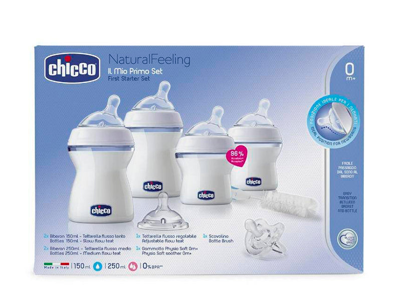 Chicco Set  4 biberoane 2m+, 4m+, 1 tetina 2m+, 1 suzeta totala silicon 0m+,  perie biberon 3in 1