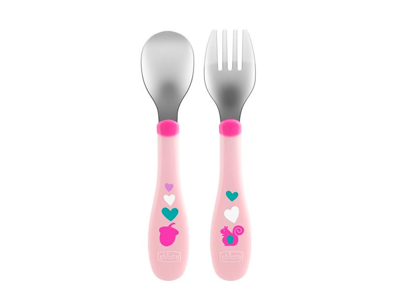 Chicco set lingurita+furculita din inox 18M+ Girl