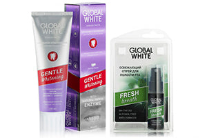 Global White pasta de dinti Gentle Whitening pu dinti sensibili 100ml + Spray respiratie 15ml cadou