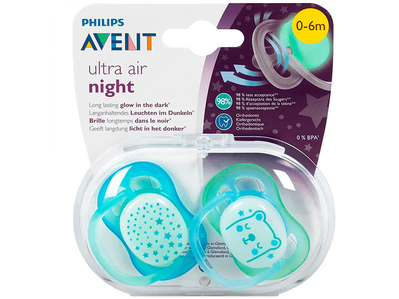 Philips Avent Ultra Air Night Силиконовые пустышки для мальчиков 0–6 месяцев, 2 шт. SCF376/11