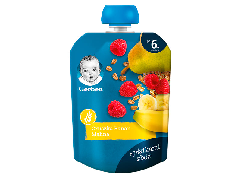 Gerber Pireu pere,banana,zmeura cereale 80gr pauchi