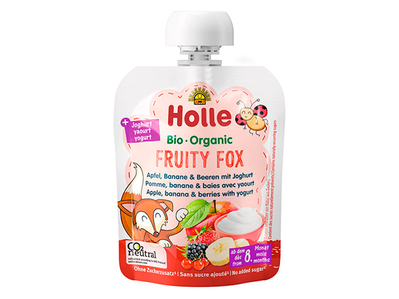 Holle Bio Organic piure cu iaurt Fruity Fox de mere, banane, fructe de padure (8 luni+) 85g